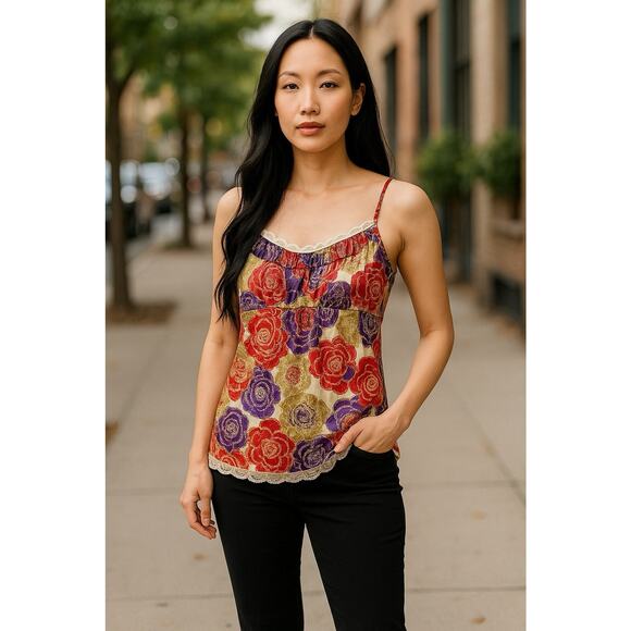 DKNY Women’s Camisole Tank M Medium Burgundy Purple Lace Trim Adj Straps Shiny‎ - Picture 1 of 12